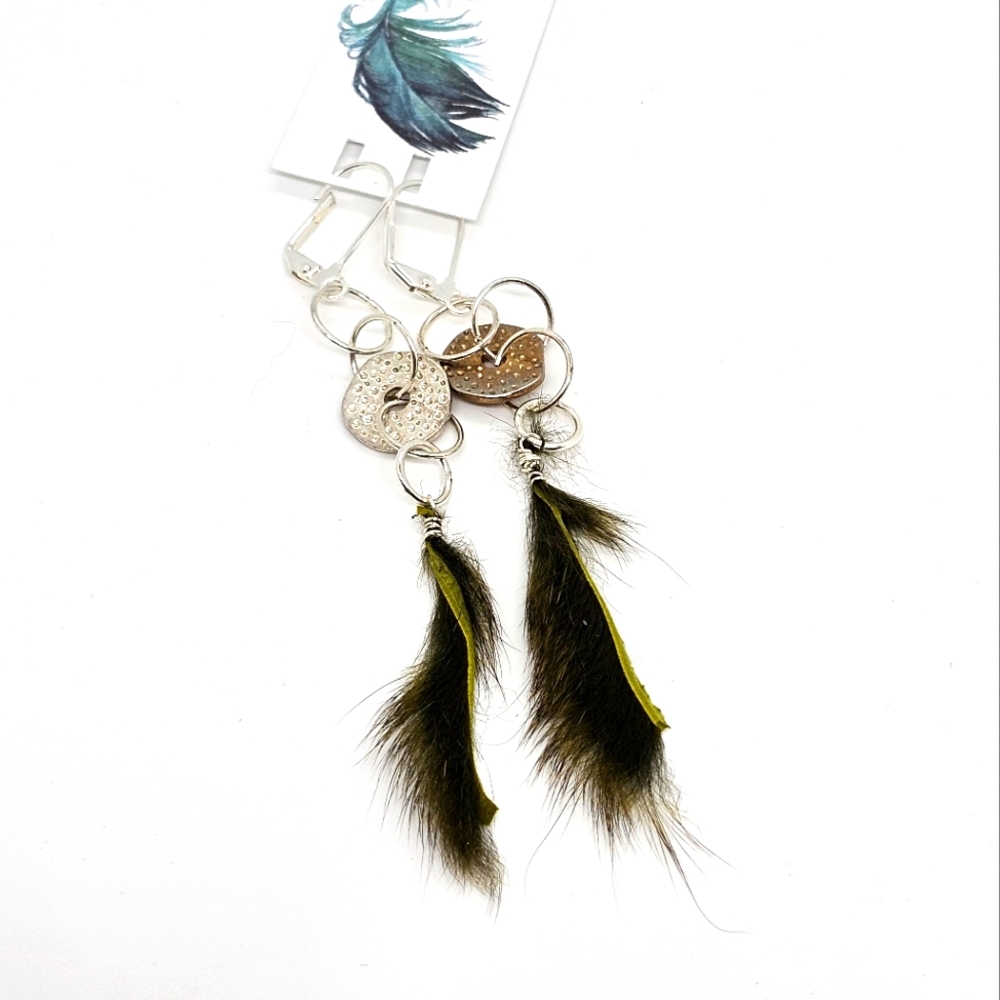 NWT Bluebird Green and Silver Earrings with Vintage findings and Fur.